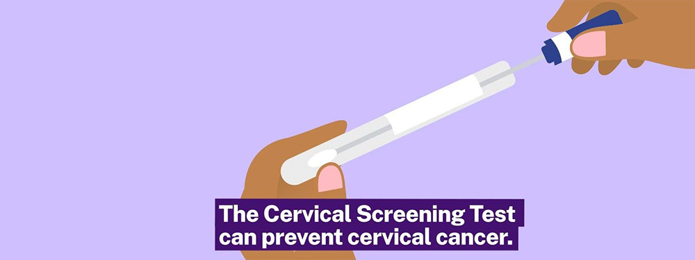 Two hands holding a vial with a swap with text overlay saying The Cervical Screening Test can prevent cervical cancer