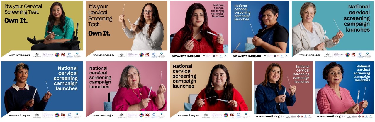 Collage of social media cards with different women holding the cervical screening test.