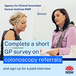 A woman talking to her doctor, with text overlaid saying Complete a short GP survey on colonoscopy referrals
