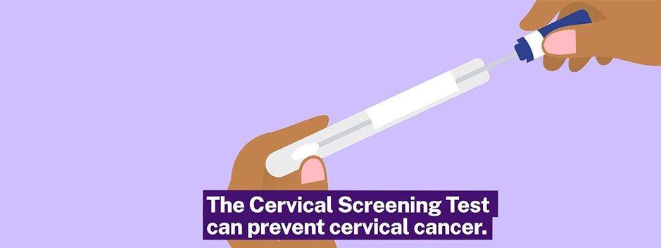 Illustration of a woman using the kit, with text saying The Cervical Screening Test can prevent cervical cancer