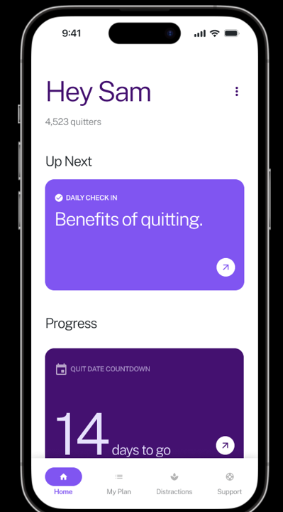 Screenshot of the app, showing daily quitting inspirations and countdown timers
