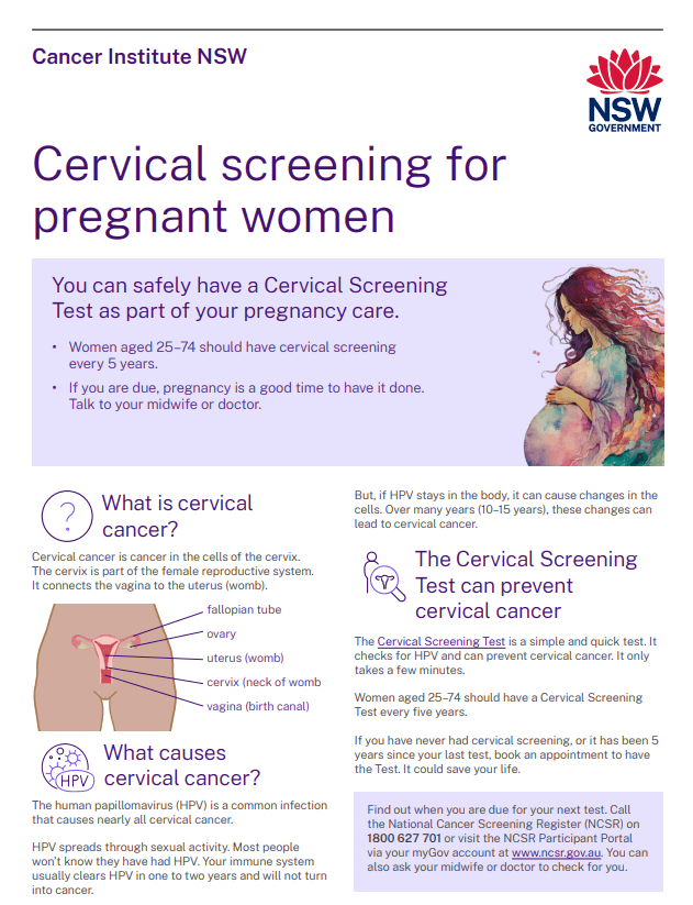 Image of the Cervical Screening for pregnant women factsheet cover