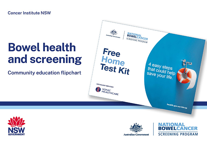 Cover of the 'Bowel health and screening' flipchart in English