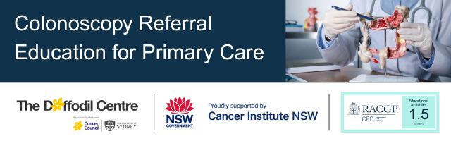 A banner with text saying colonoscopy referral education for primary care