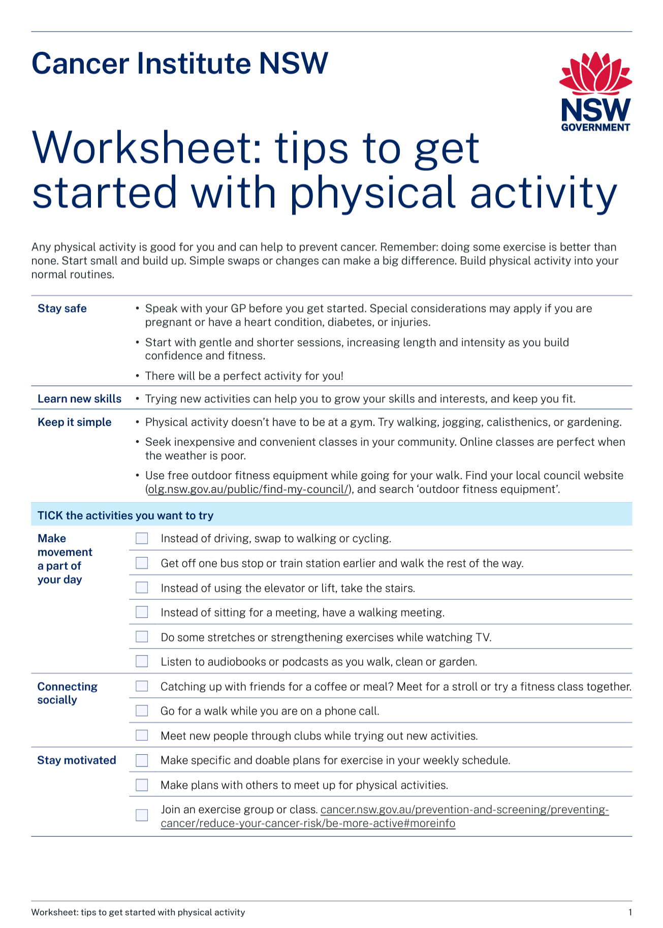 Tips to get started with physical activity worksheet