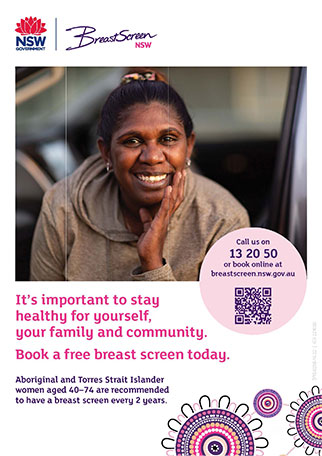 A poster promoting booking a breast screening featuring a smiling Aboriginal woman